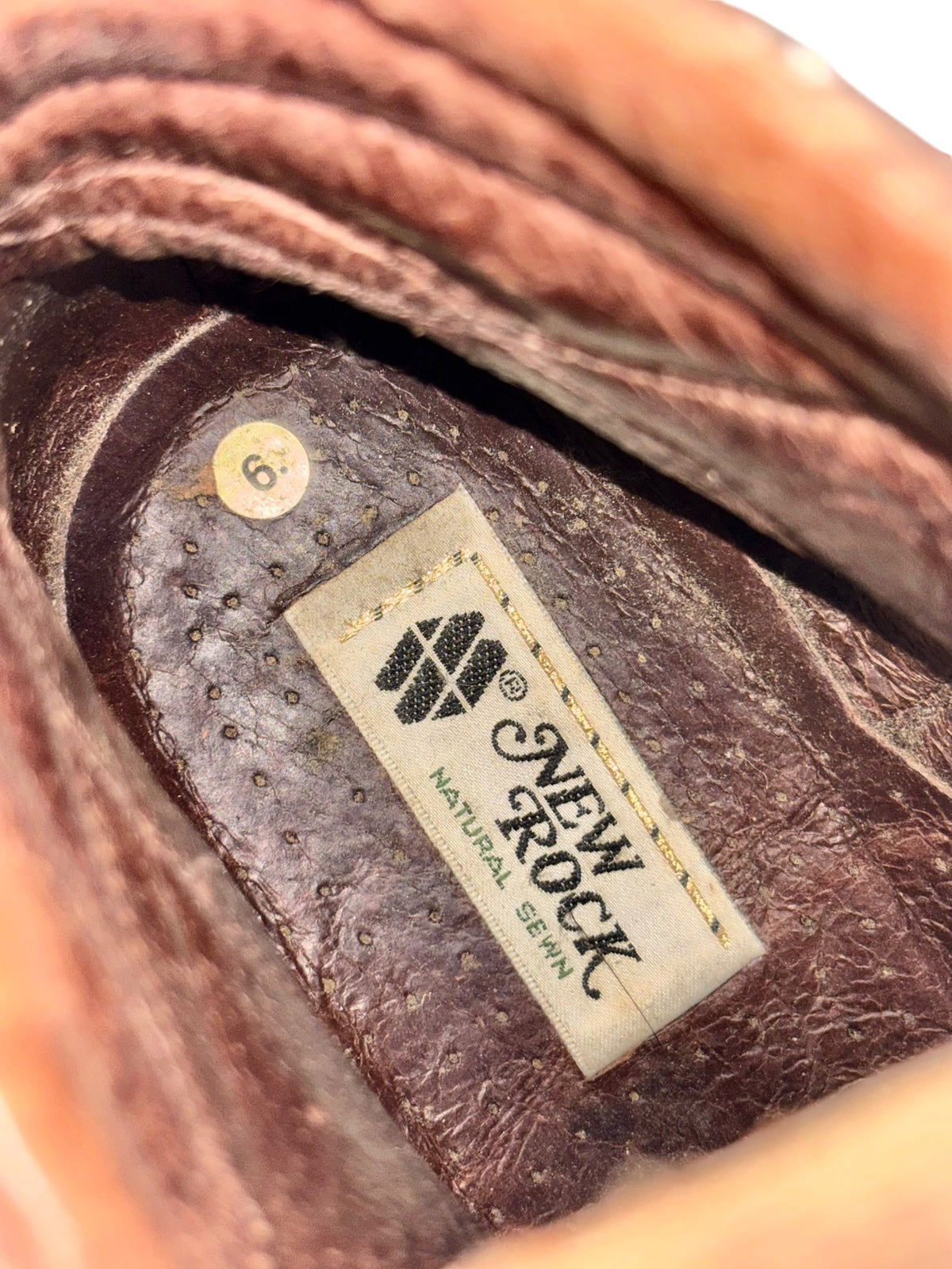 Brown leather New Rock ankle boot interior label and stitching detail