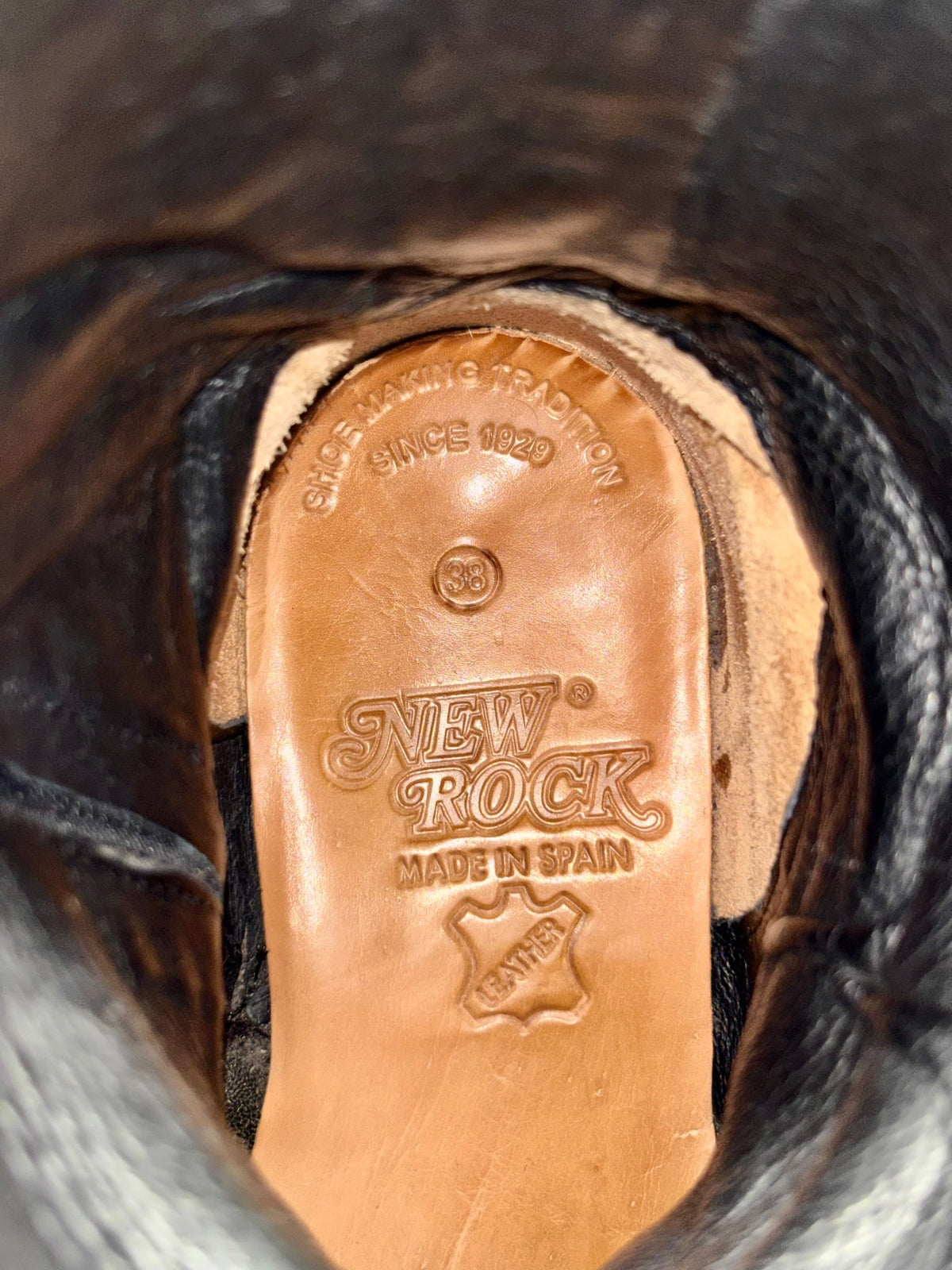 Vintage New Rock leather biker boots insole logo detail, tan leather with New Rock branding