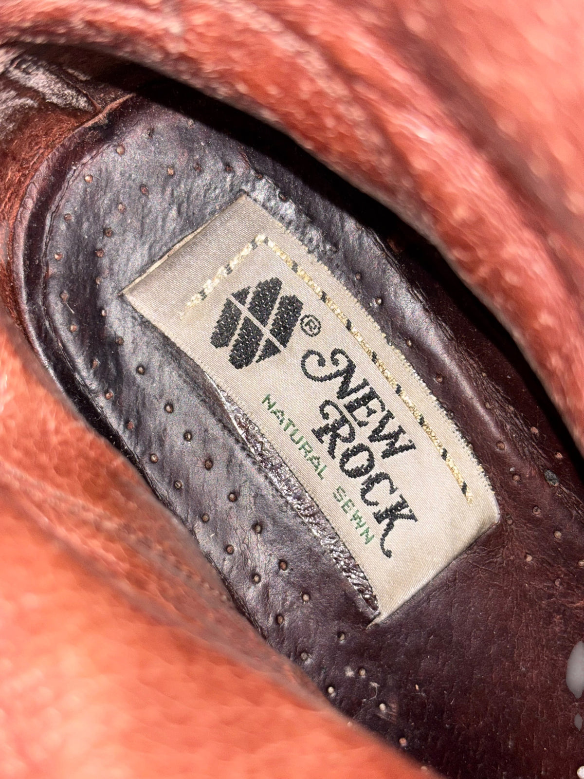 Vintage New Rock mid-calf boot interior label and perforated fabric lining