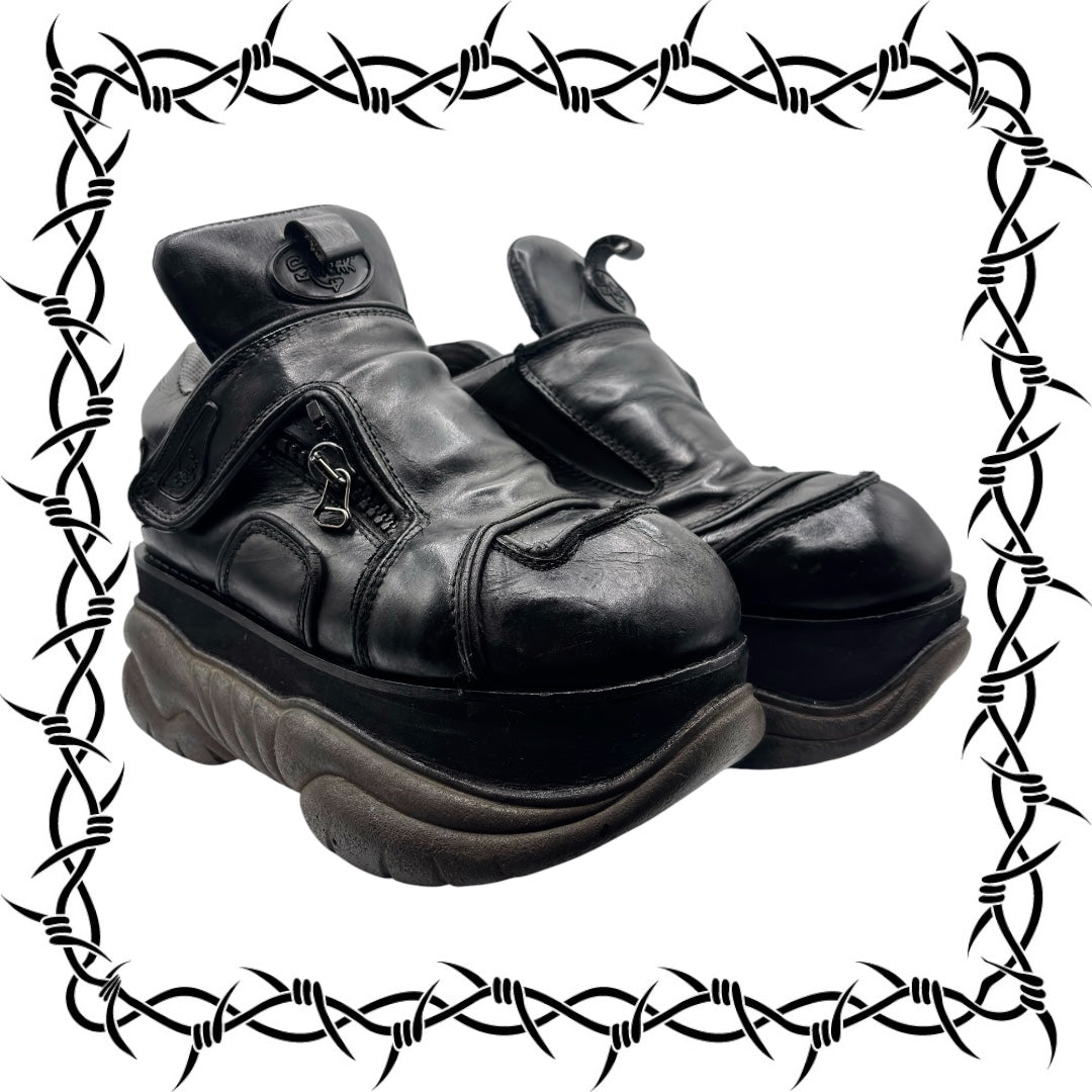 Vintage Swear London platform boots, black leather, double strap and buckle details on pair