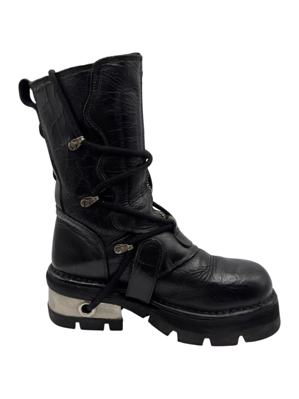 New Rock mid-calf leather boots with side buckle strap and lace-up front