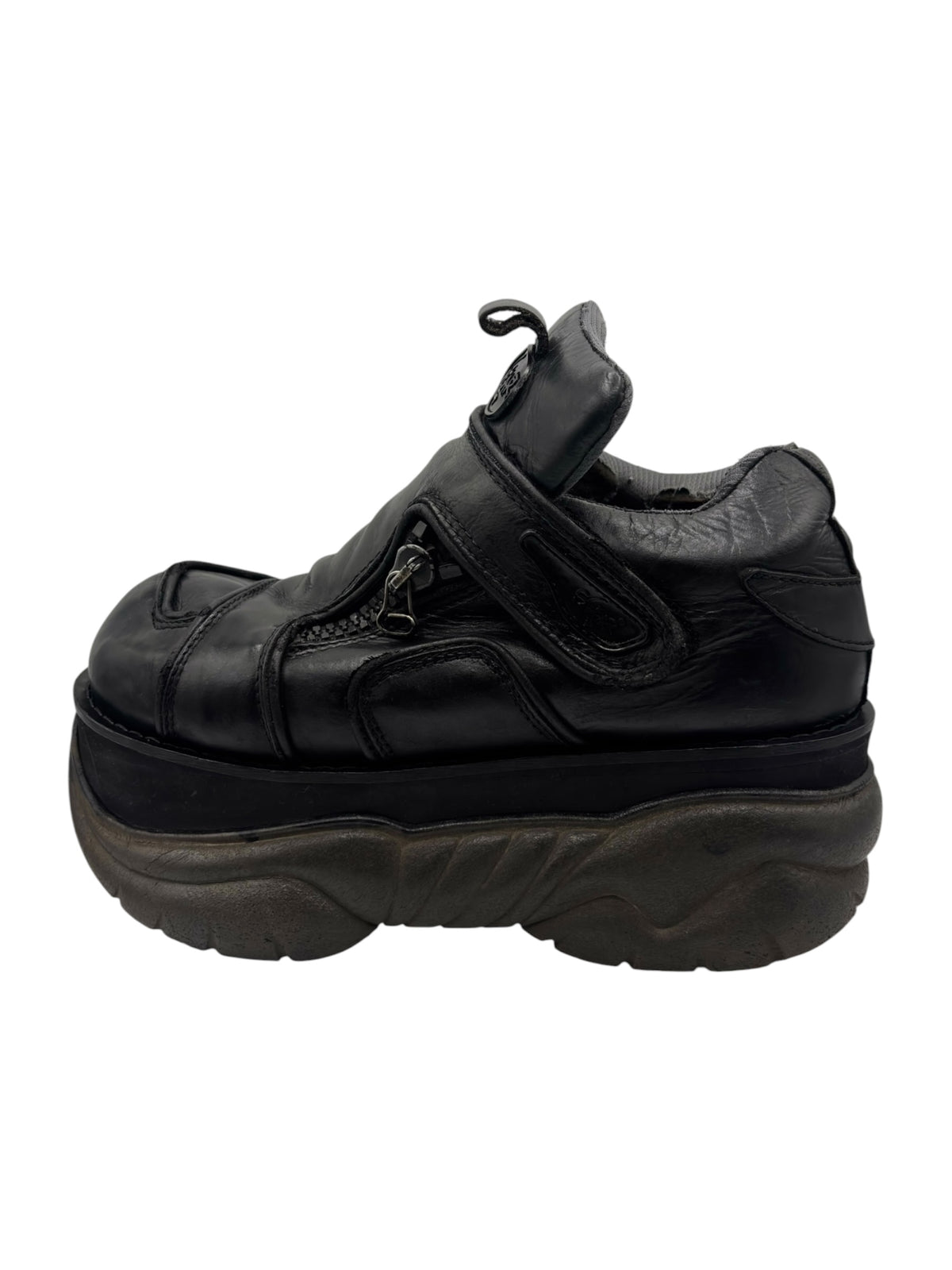 Vintage Swear London platform boots side view, black leather with strap and ankle loop