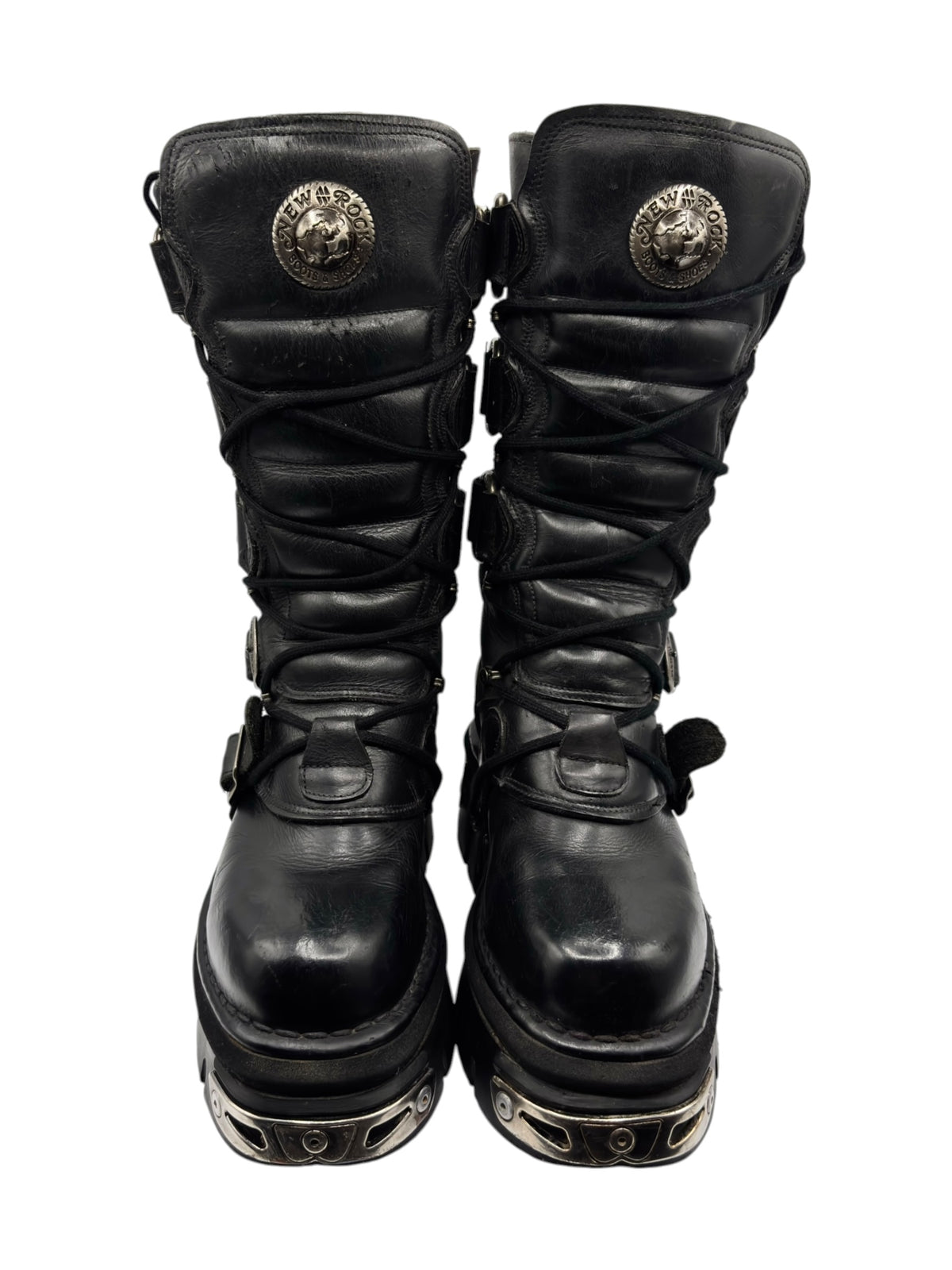 Black knee-high leather boots with multiple front straps and lace-up closure