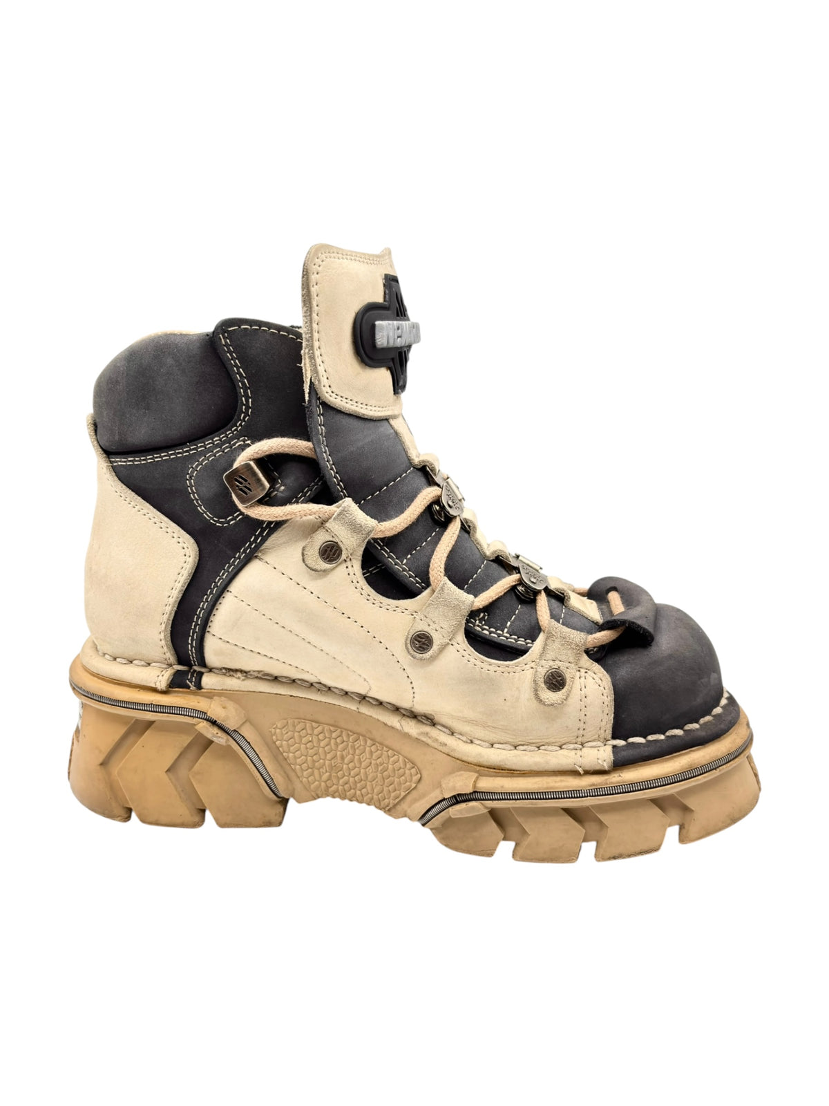 Beige and dark leather lace-up platform boots with chunky tread and padded collar