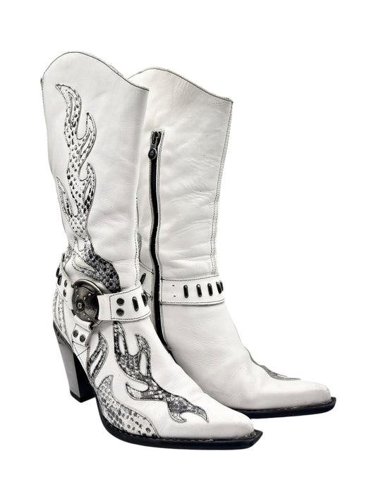 White cowboy boots with side zipper, decorative buckle strap, and black-gray embroidery