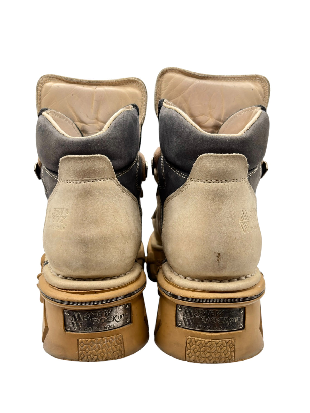 Vintage New Rock beige and dark boots with laces, side straps, and chunky platform soles