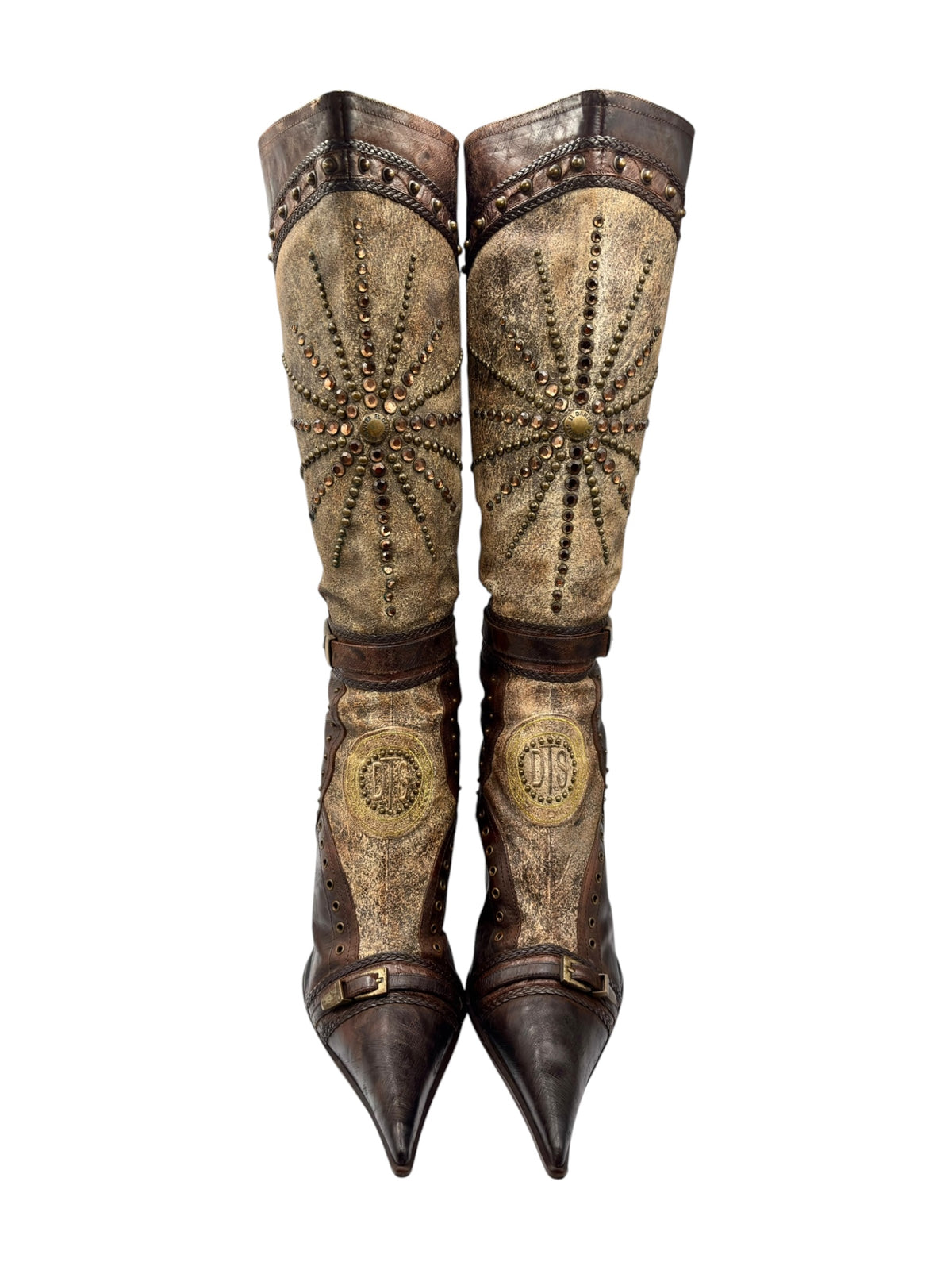 Vintage knee-high boots, tall shaft with studded detailing, gold medallion panels, pointed toe