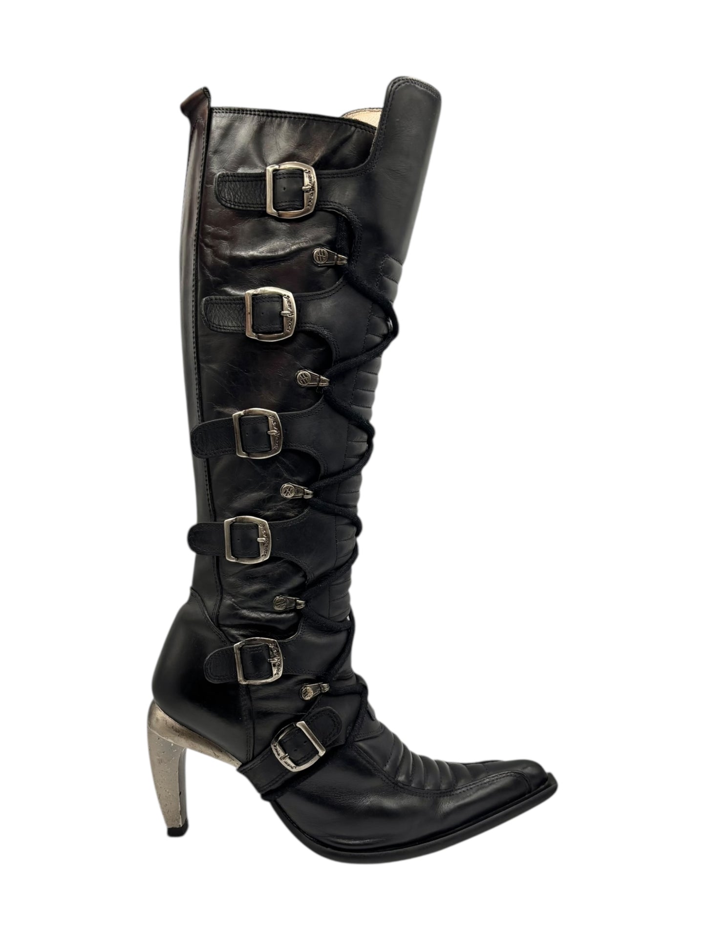 Vintage New Rock knee high leather biker heels size 38