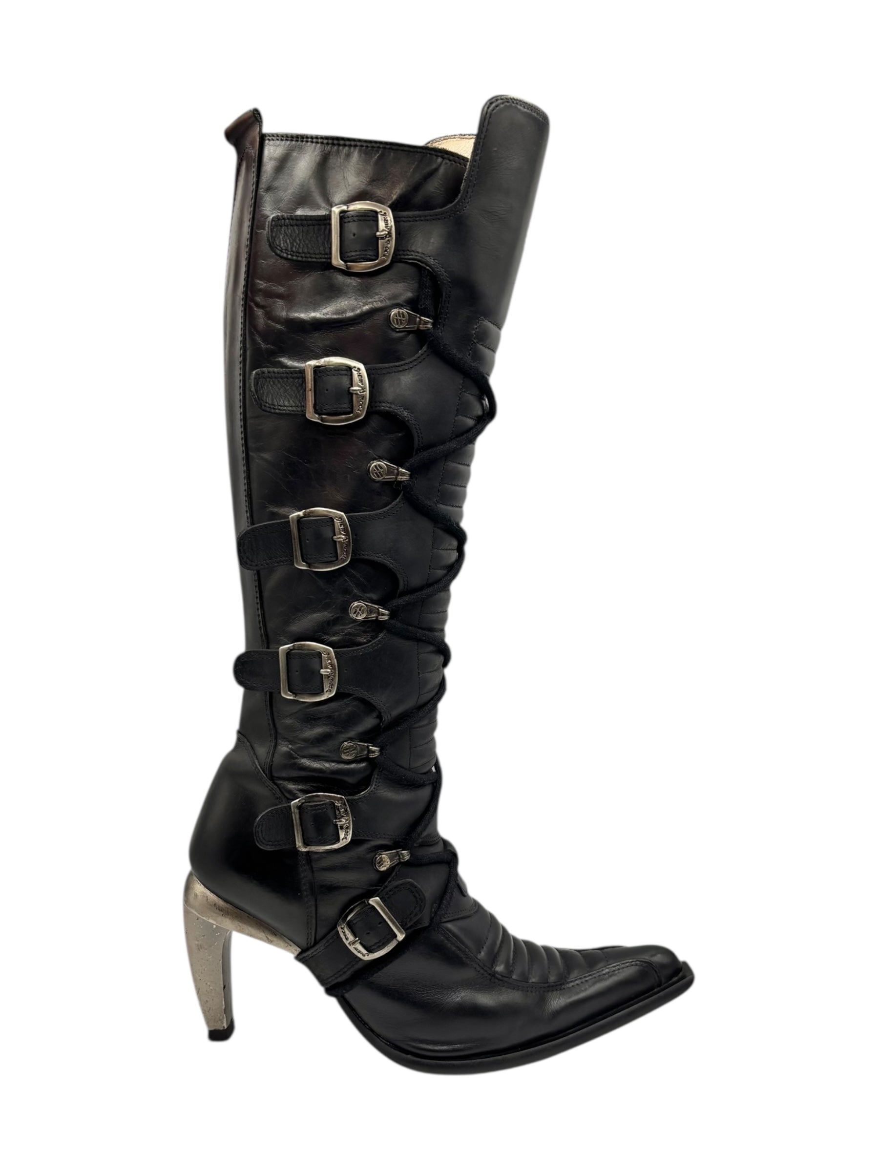 Vintage New Rock knee high leather biker heels size 38