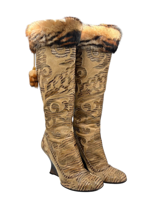 Vintage fur-trimmed tall boots, tan leather with embossed scroll pattern, side view