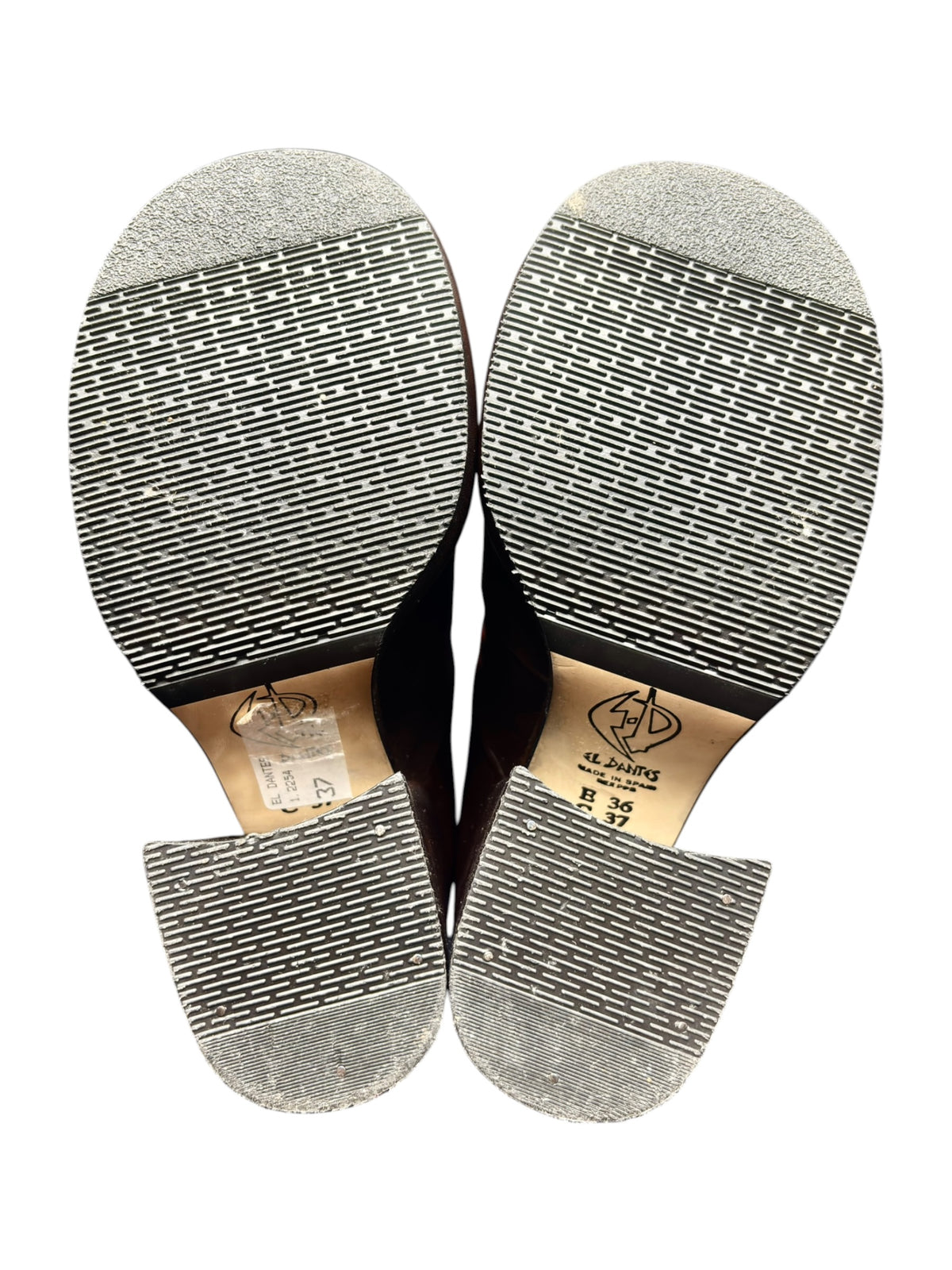 Pair of dark brown leather heeled shoes showing textured outsoles