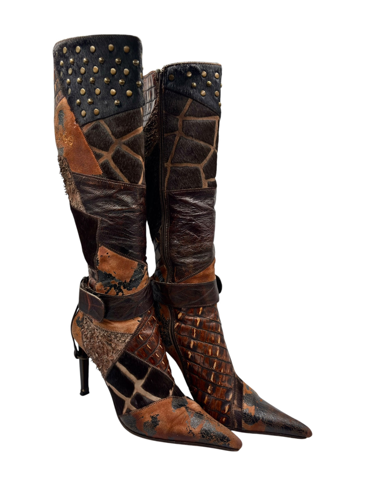 Knee-high patchwork boots angled view, pointed toe, stiletto heel, speckled brown leather