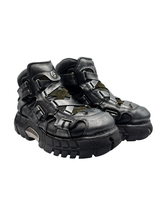 Vintage platform combat boots, black leather-look with silver buckles and chunky tread