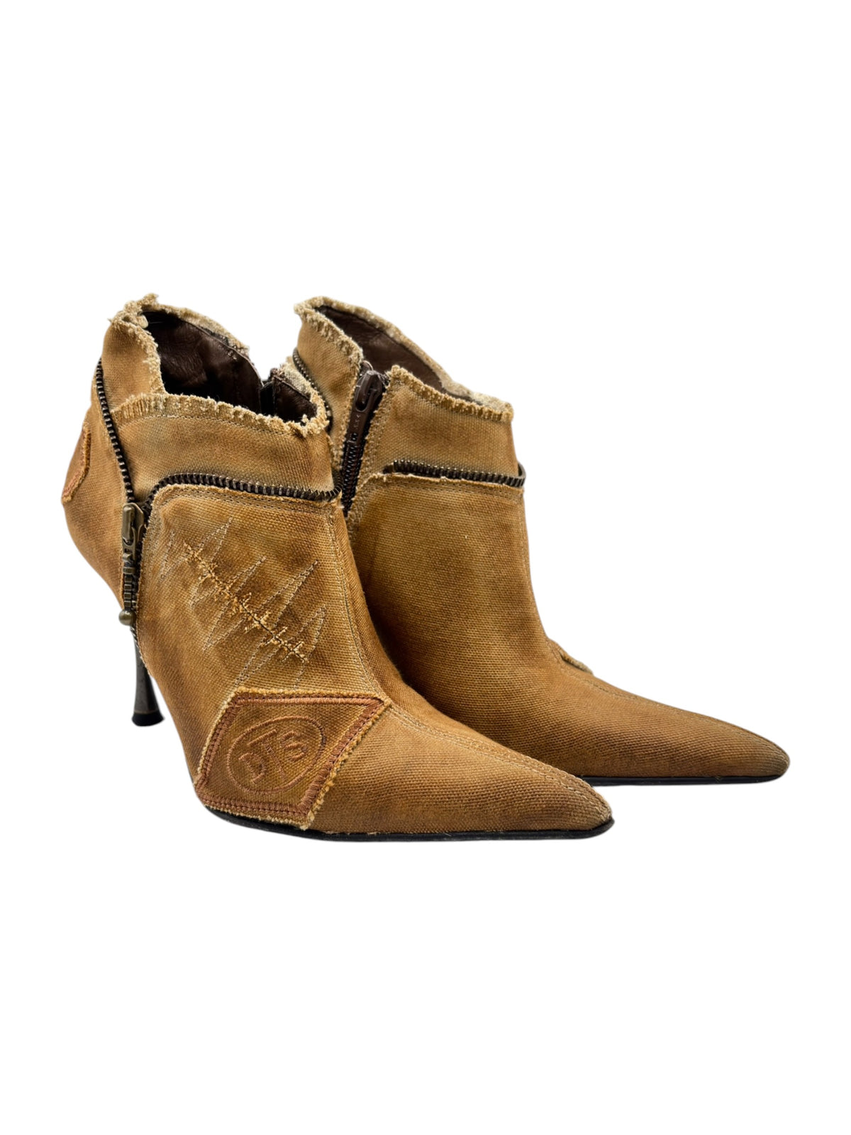 Vintage brown denim ankle boots with stiletto heel, curved toe and front seam stitching