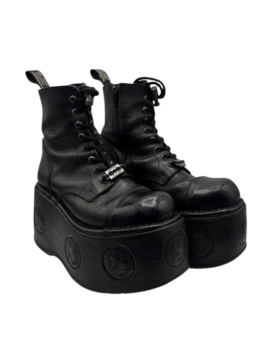 New Rock black platform lace-up leather boots, 3/4 pair view with raised circular panels