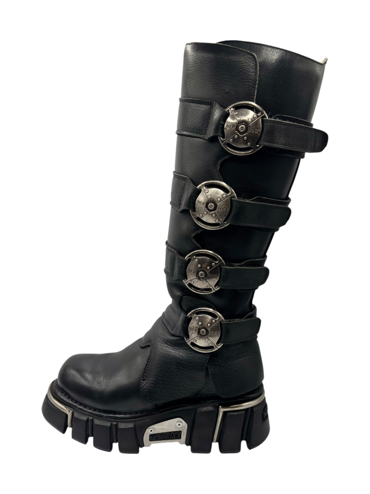 Black knee-high boots with three strap buckles and rugged platform soles