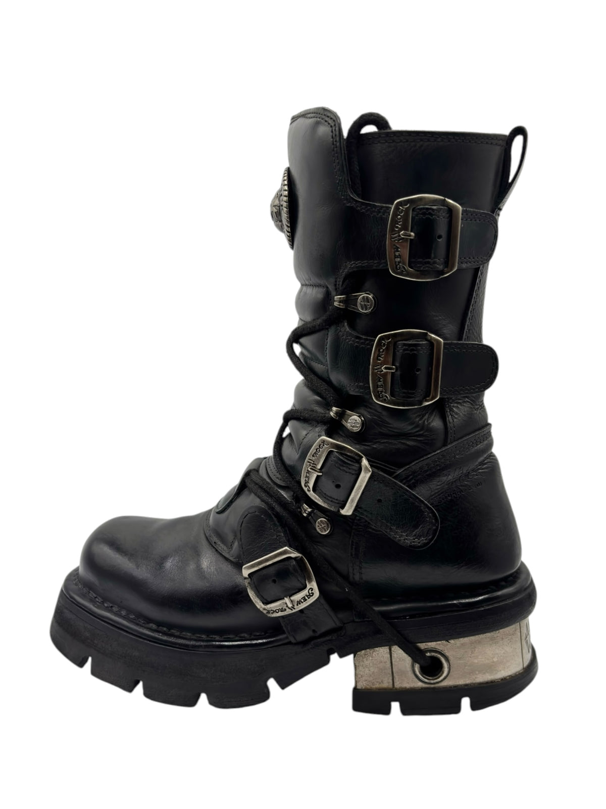 Black mid-calf steel heel boots with multiple buckled straps and lace-up front