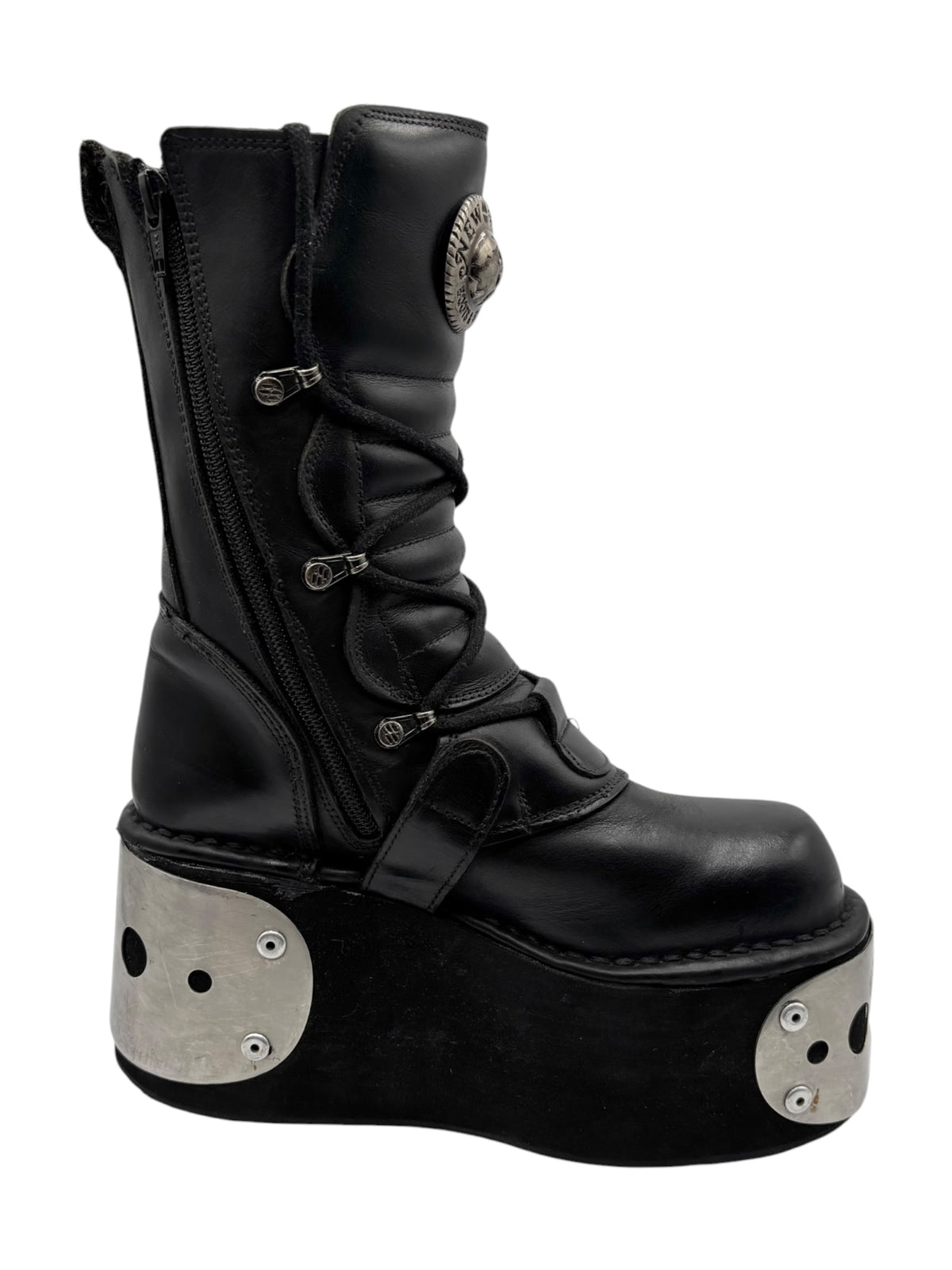 Black lace-up platform boots with side zipper and silver metal sole plates