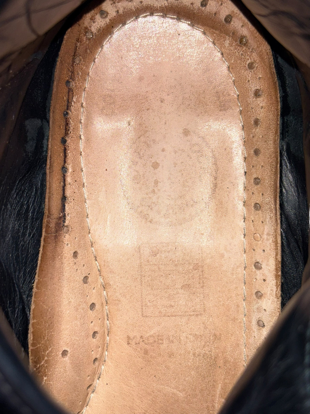 Vintage platform boots, tan suede insole with stitched perimeter and perforations