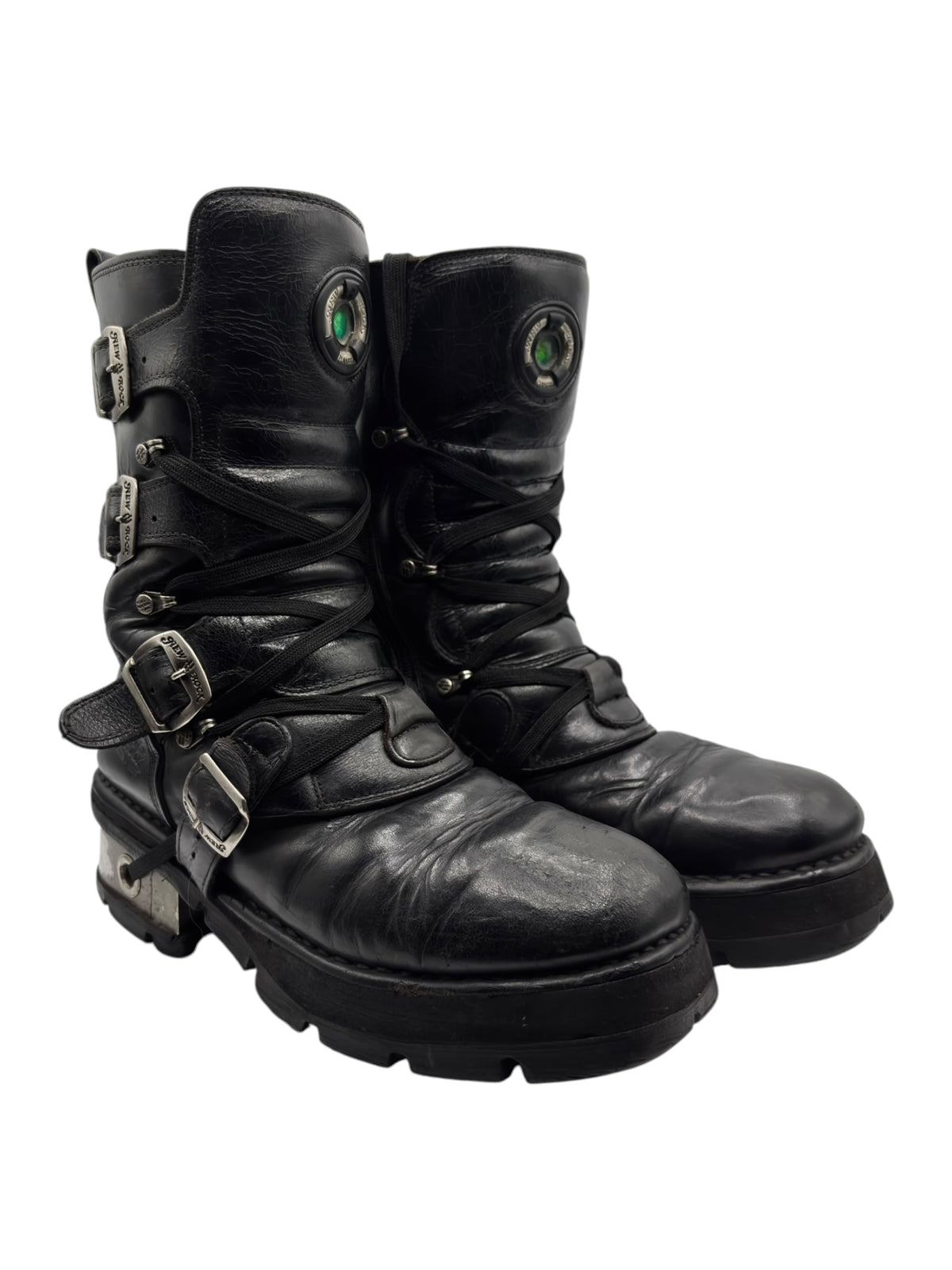 Black mid-calf leather lace-up boots with side buckles and adjustable straps