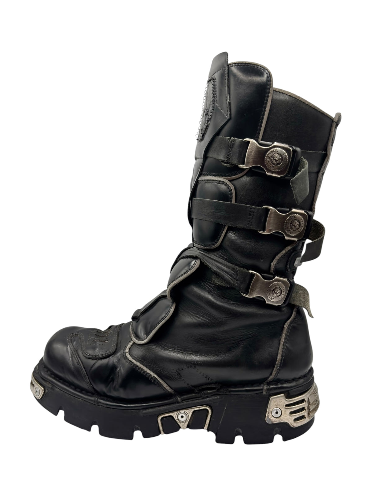 New Rock mid-calf reactor boots black leather upper with buckled straps and metal details