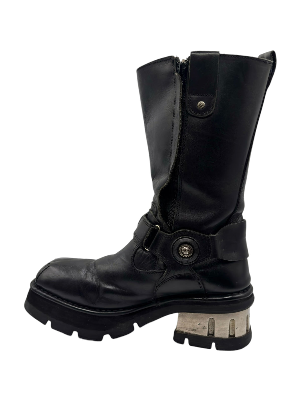 Black vintage mid-calf biker boots with ankle buckle strap and side zipper closure