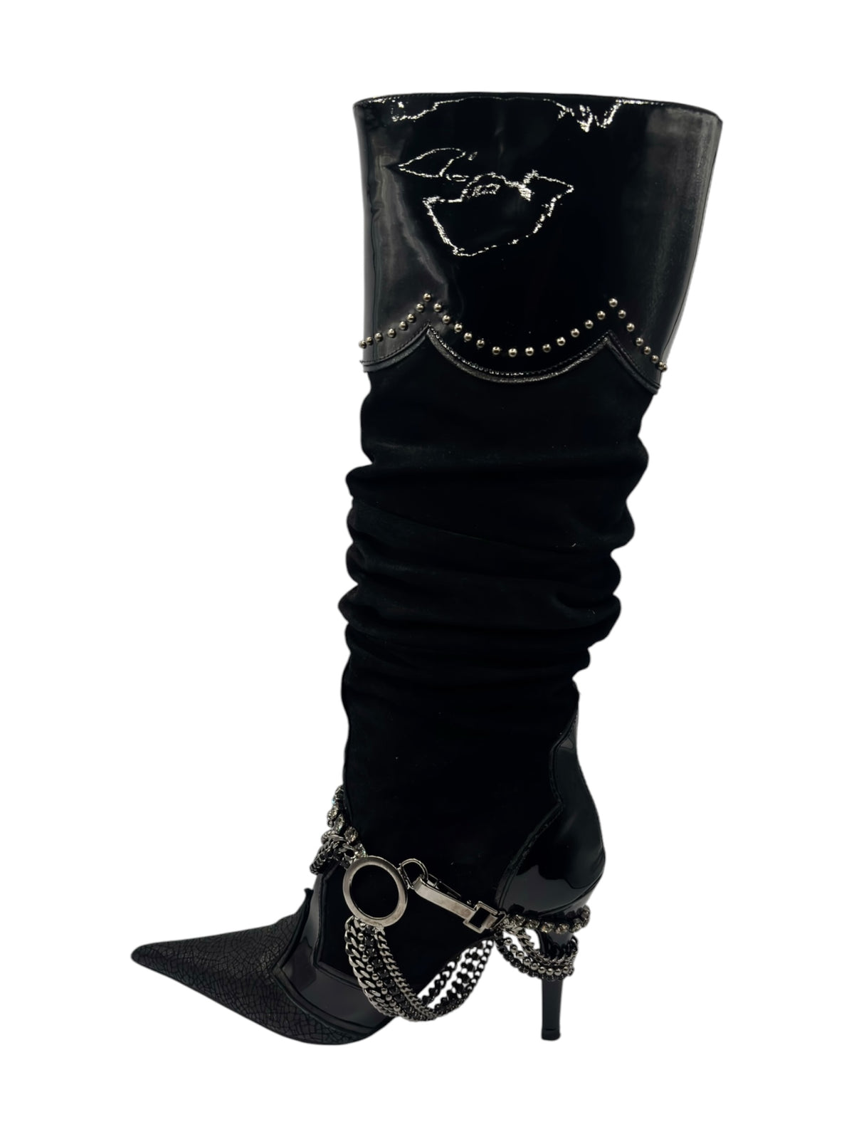 Black knee-high boots with ruched shaft and rhinestone chain ankle straps