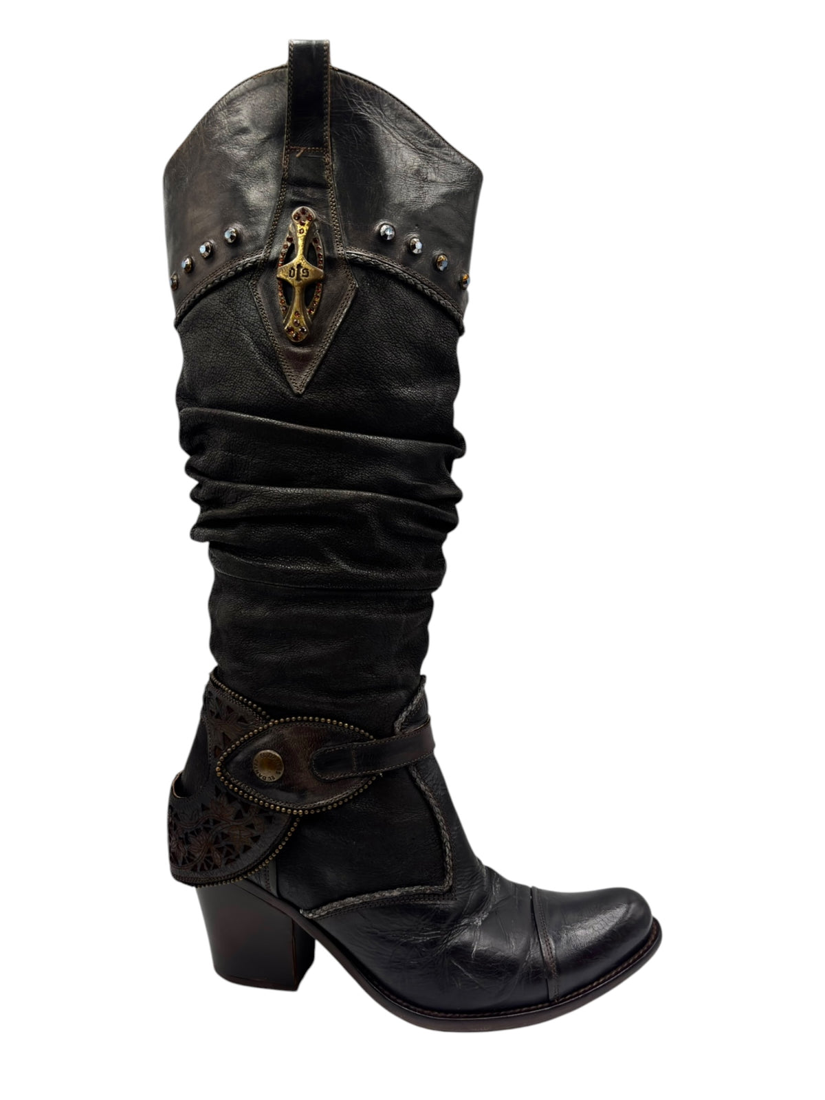 Vintage knee-high leather boots angled side view with studded collar and leather buckle strap
