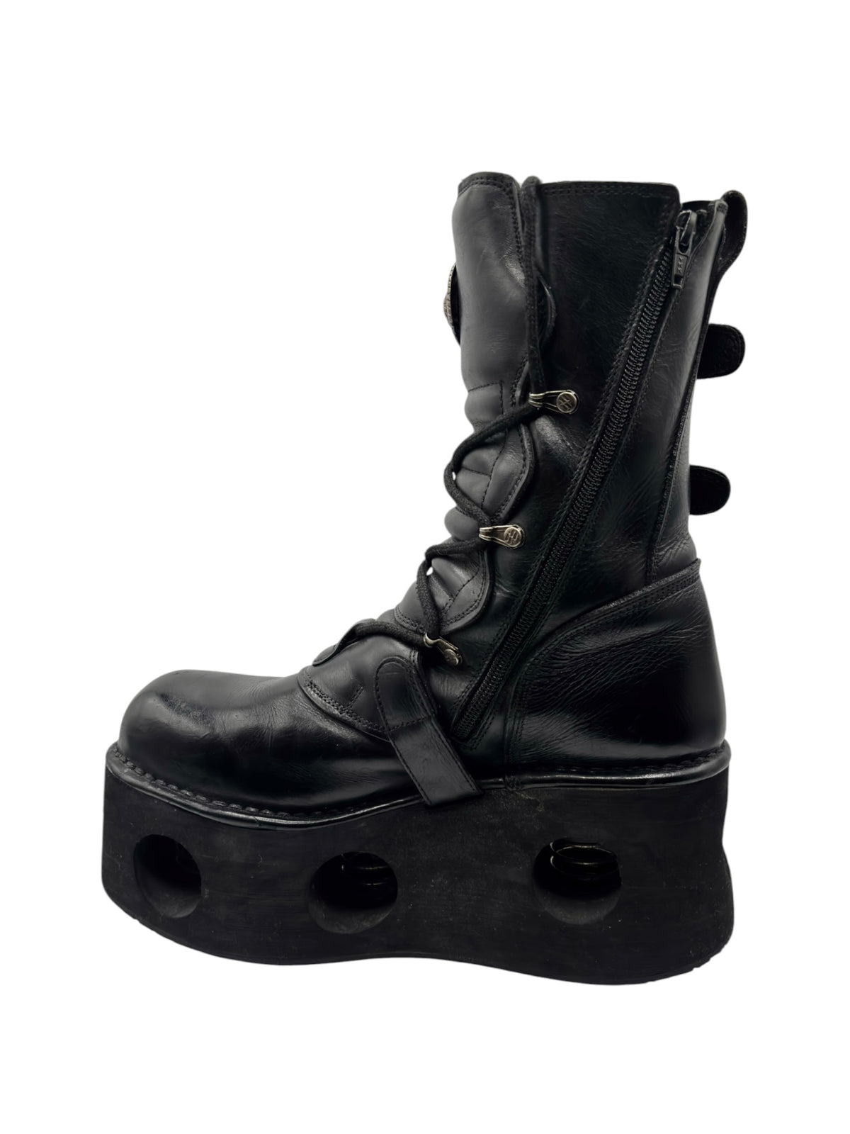 Vintage black platform lace-up boots with side zipper and buckle strap details