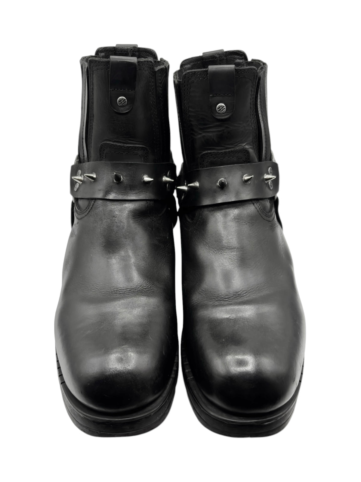 New Rock spiked steel heel biker boots, black with metal buckle straps and studs