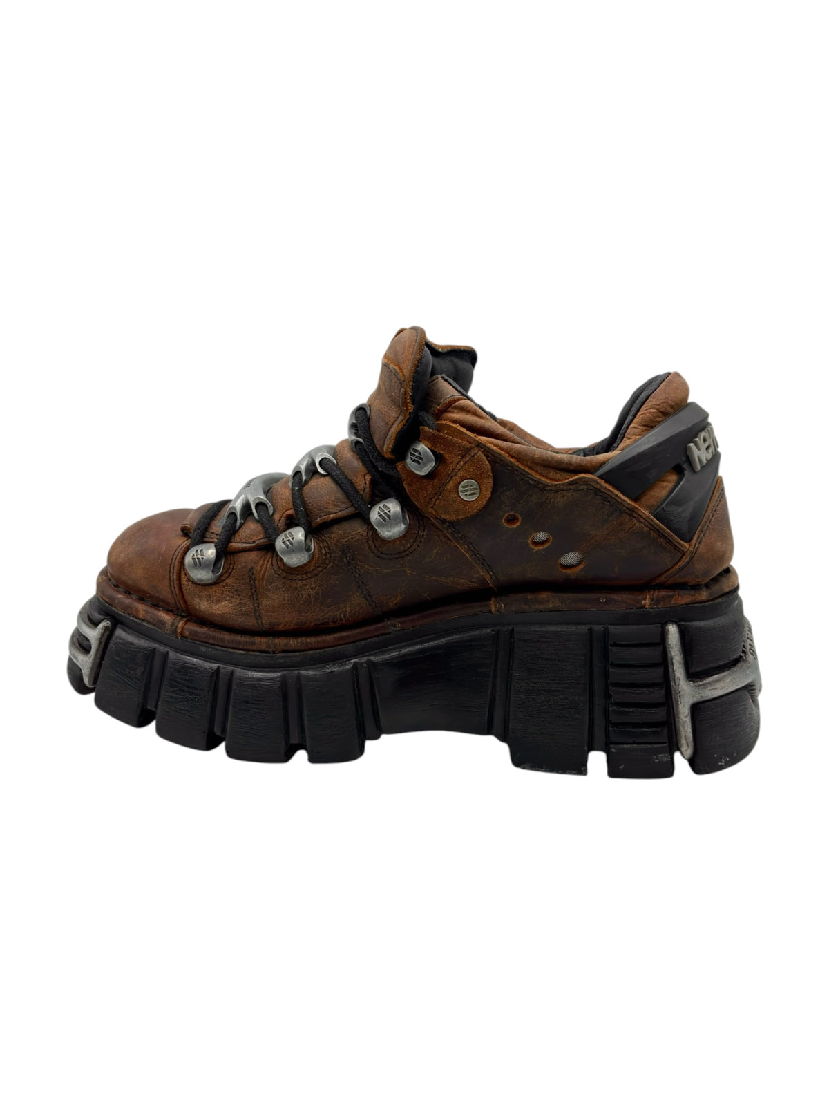 New Rock M-106-S1 brown platform boots, front angled view with metal eyelets