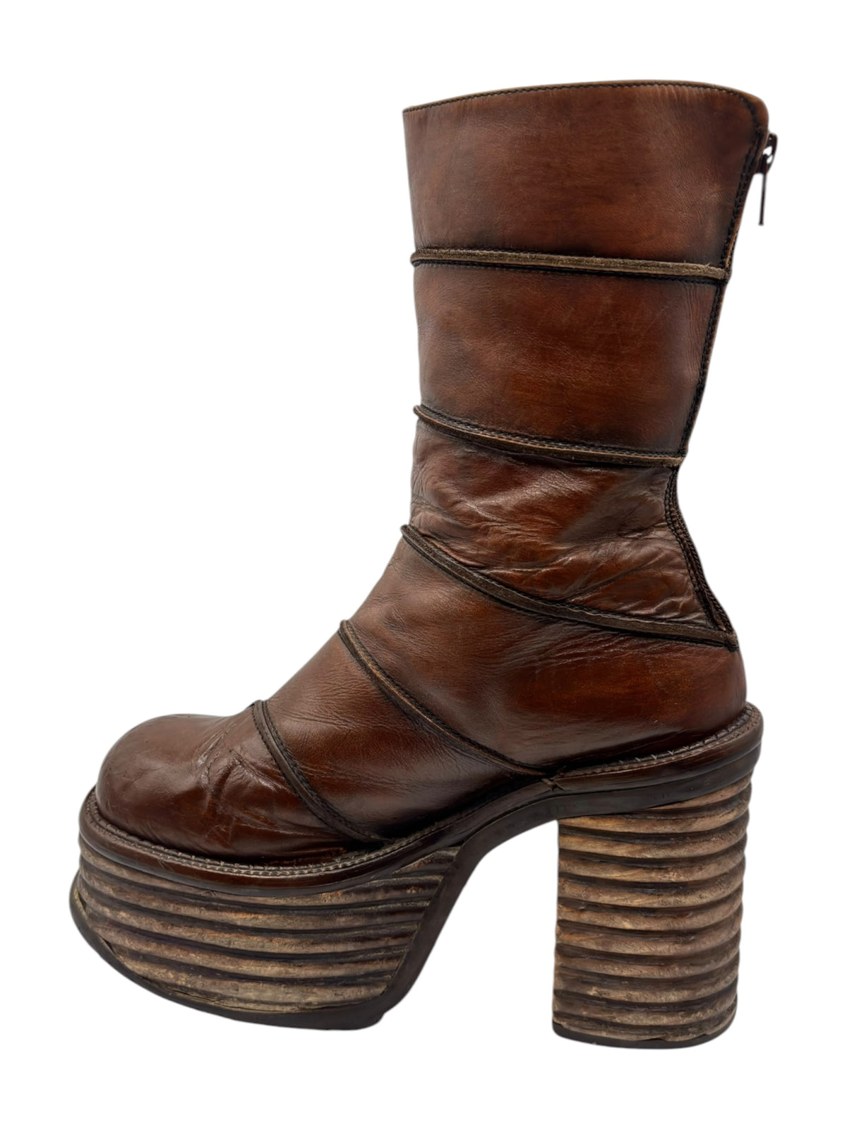 Brown mid-calf platform boots with rounded toe, stacked heel, and side zipper.