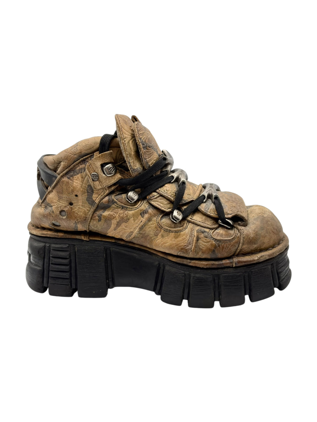 Tan-brown camo platform lace-up boots with black chunky sole and side panel detail