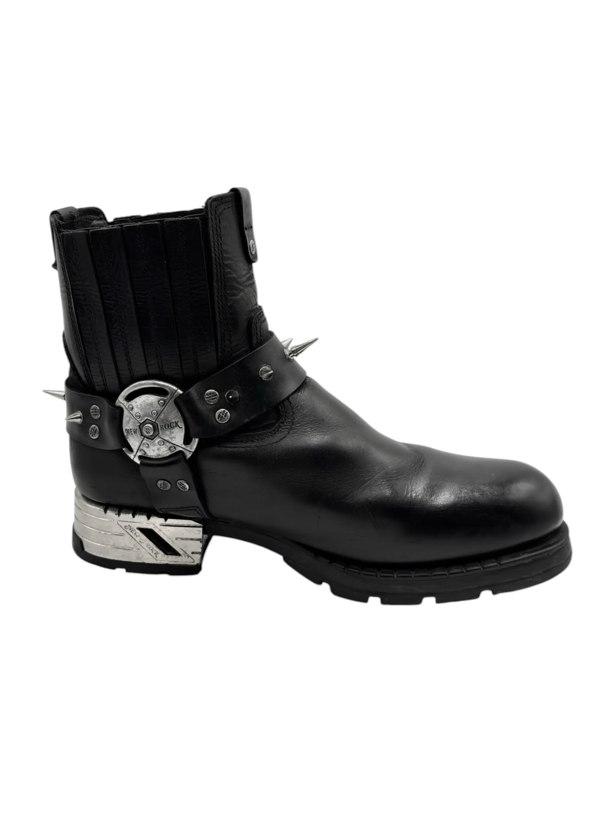 Black leather biker boots with stacked heel and metal buckle strap