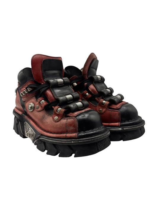Vintage New Rock red platform boots with lace-up design and chunky black sole