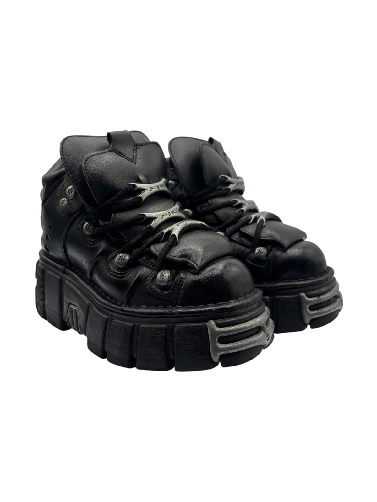 New Rock black platform boots angled view with buckles, laces, and rugged outsole