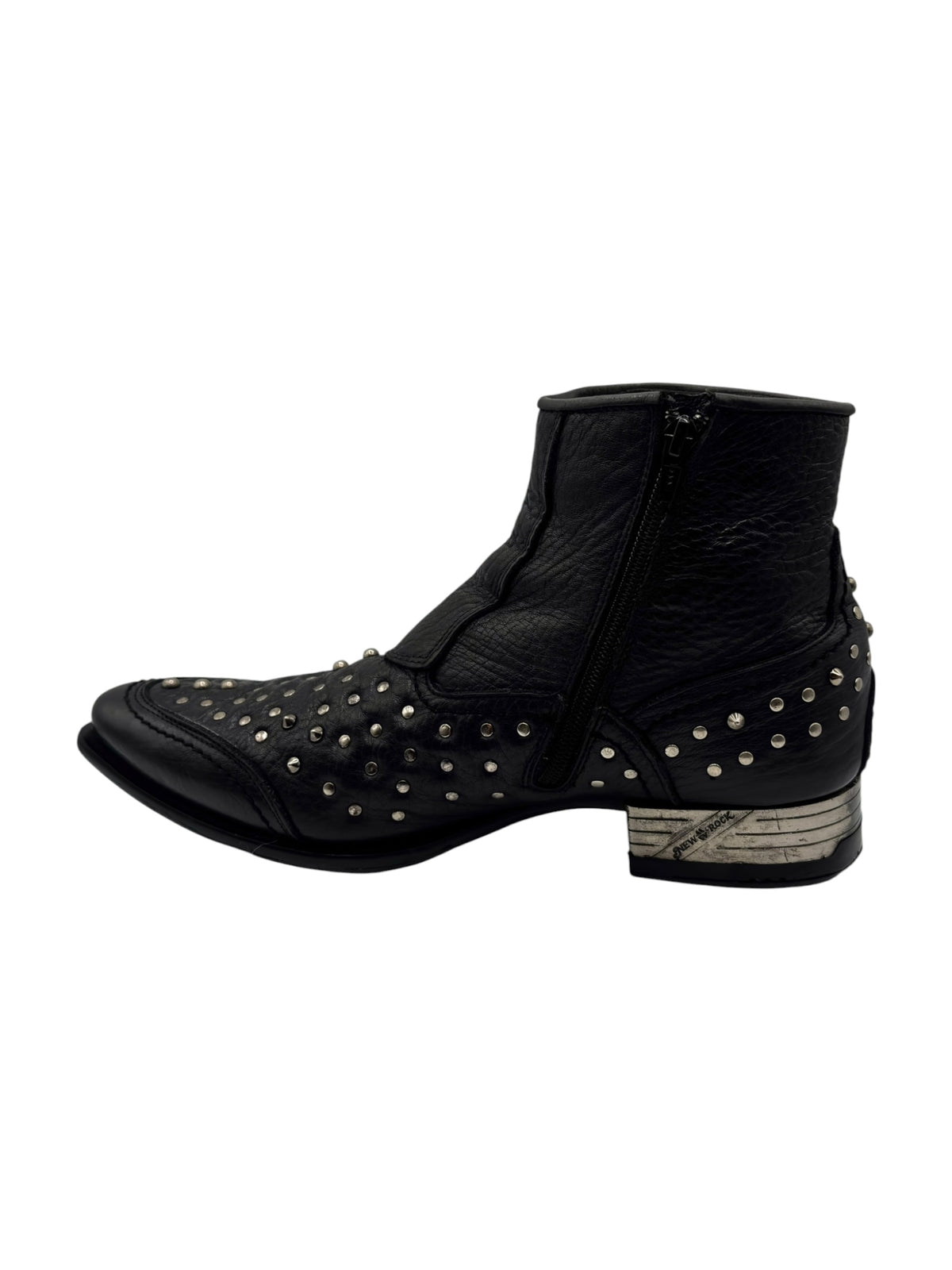 Black leather ankle boots with small gold-tone studs and low stacked heel.