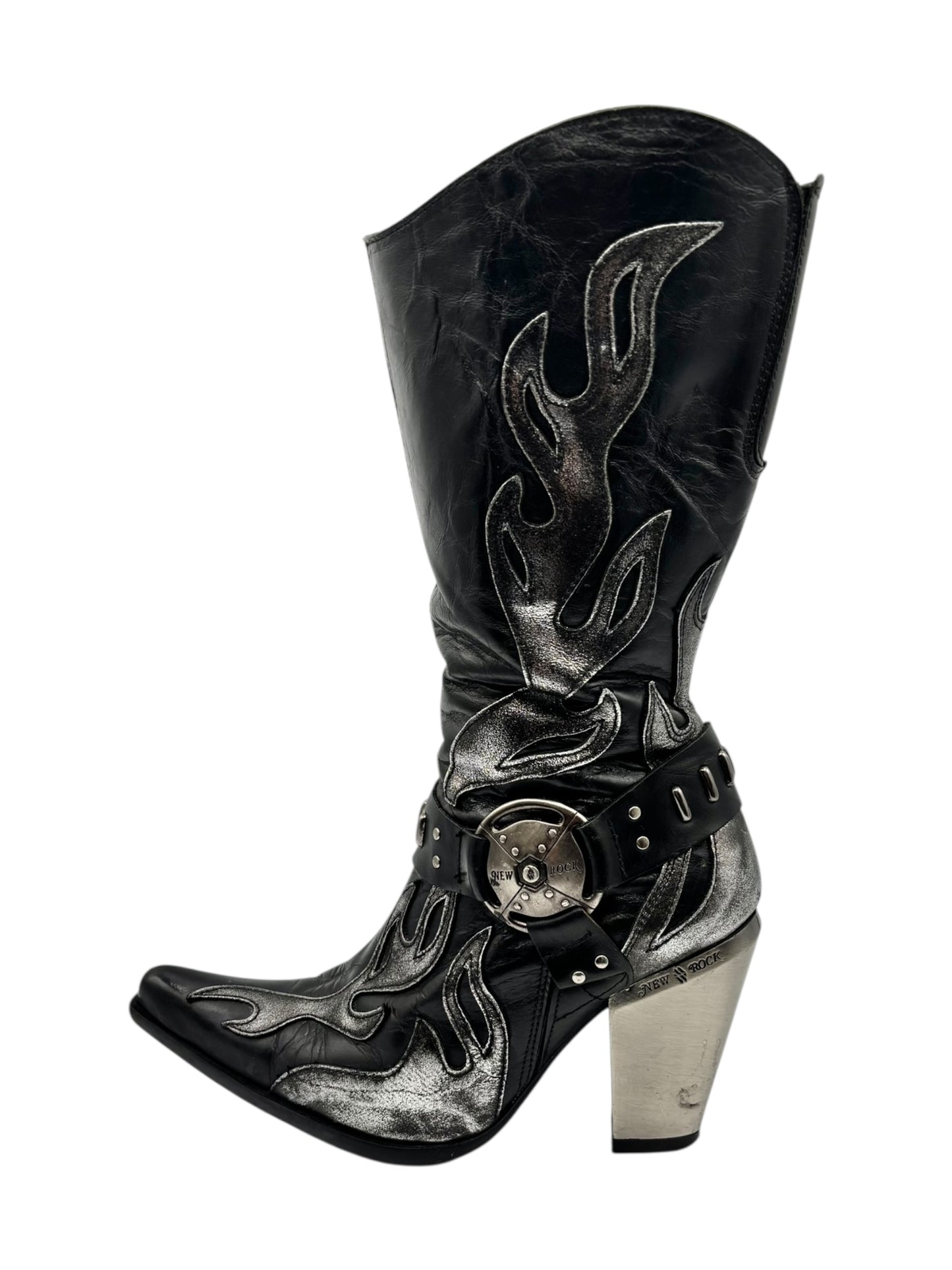 Vintage New Rock grey flame biker heels size 38
