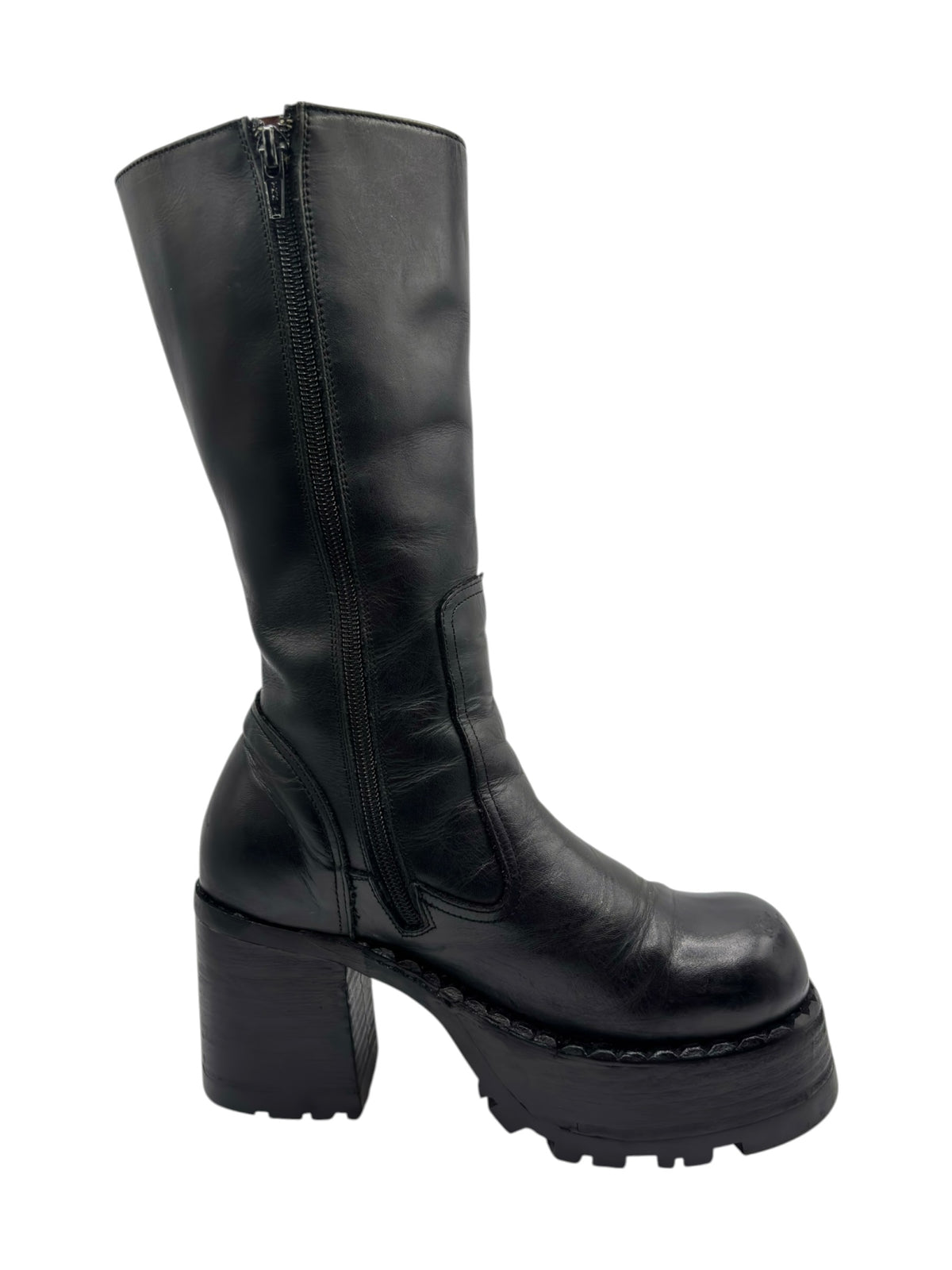 Black knee-high leather boots with full-length zipper and chunky platform heel