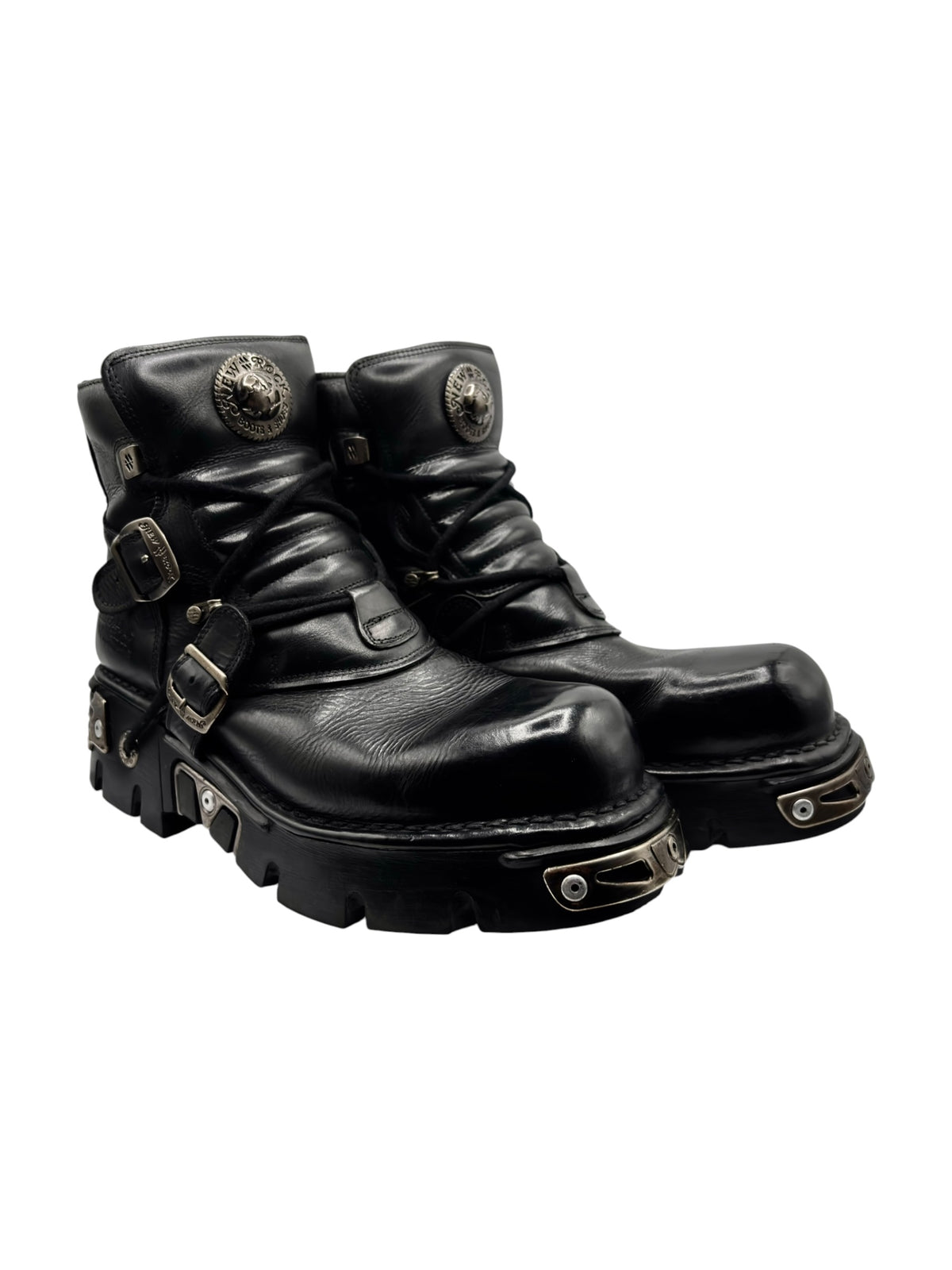 New Rock ankle boots with buckled straps, black leather look, chunky lug sole