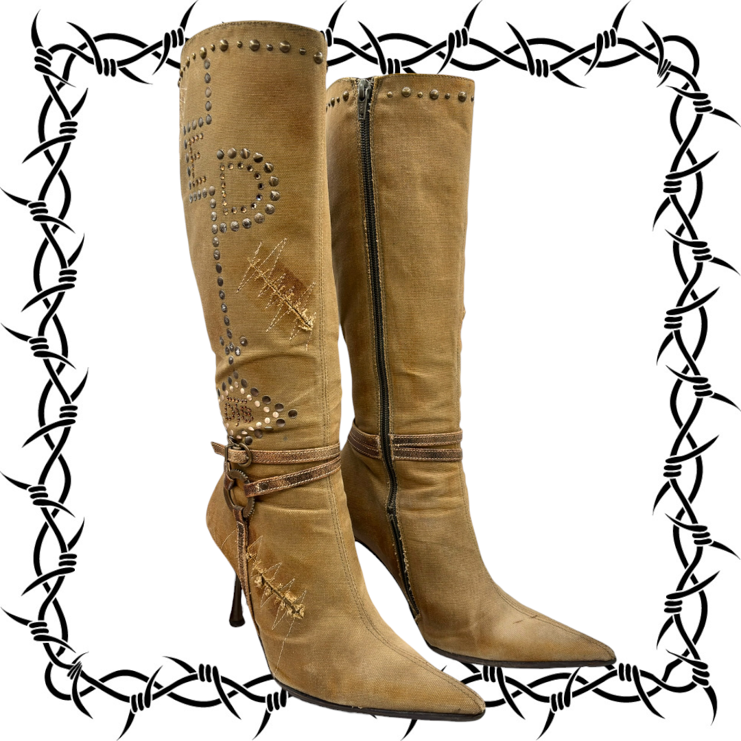 Tan knee-high boots with rhinestone stars, side zipper, and slim heel