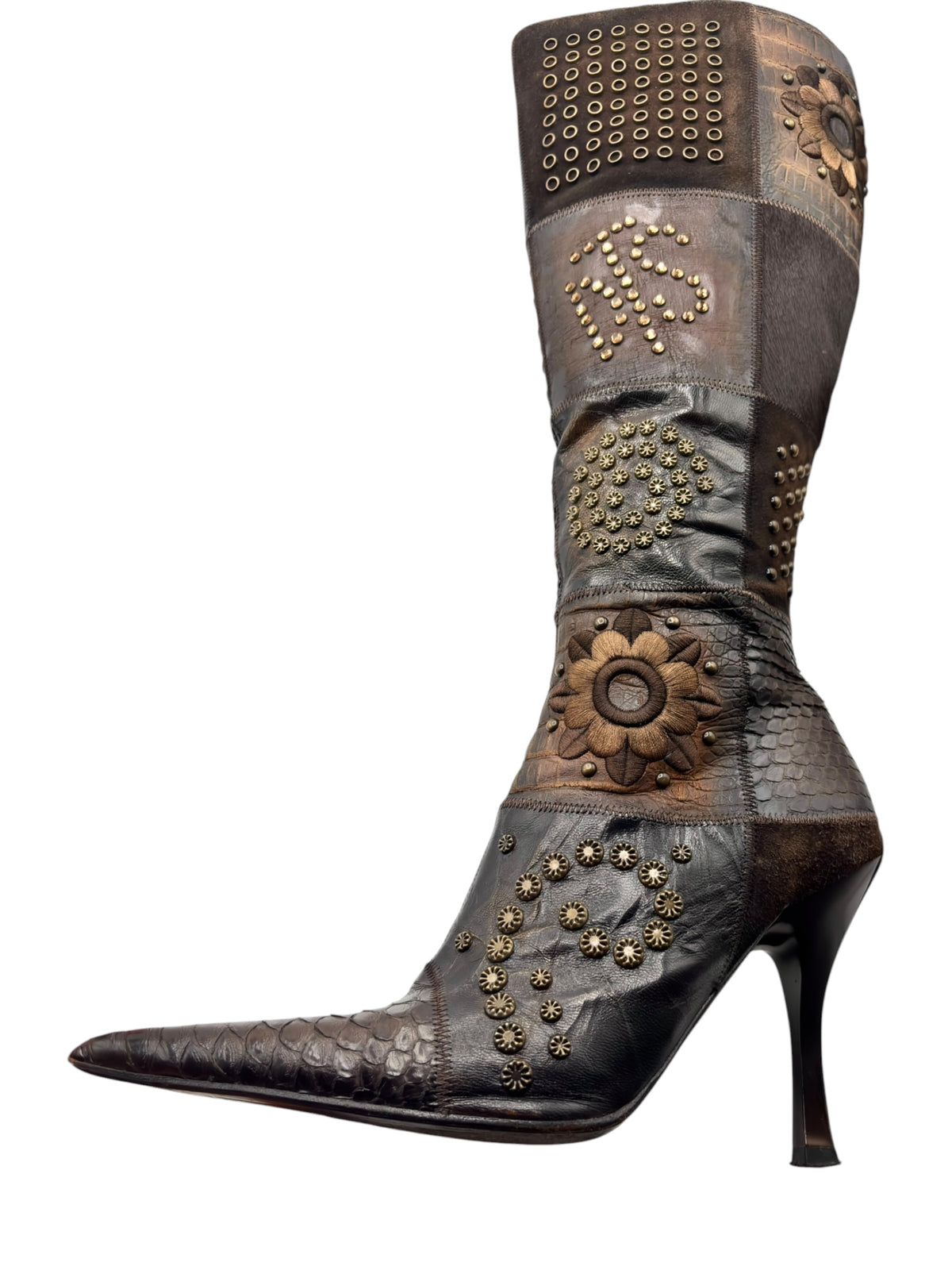 Vintage knee-high leather boot with heel, dark brown stud panels, and floral ornament