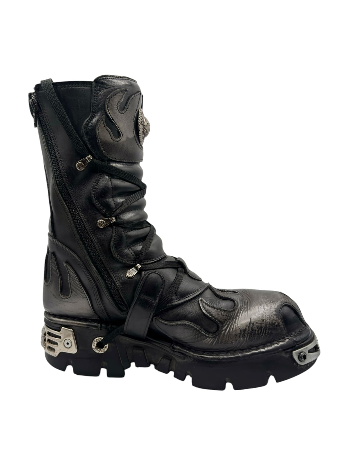 Black leather-style New Rock Reactor boots with side buckle strap and sculpted sole.