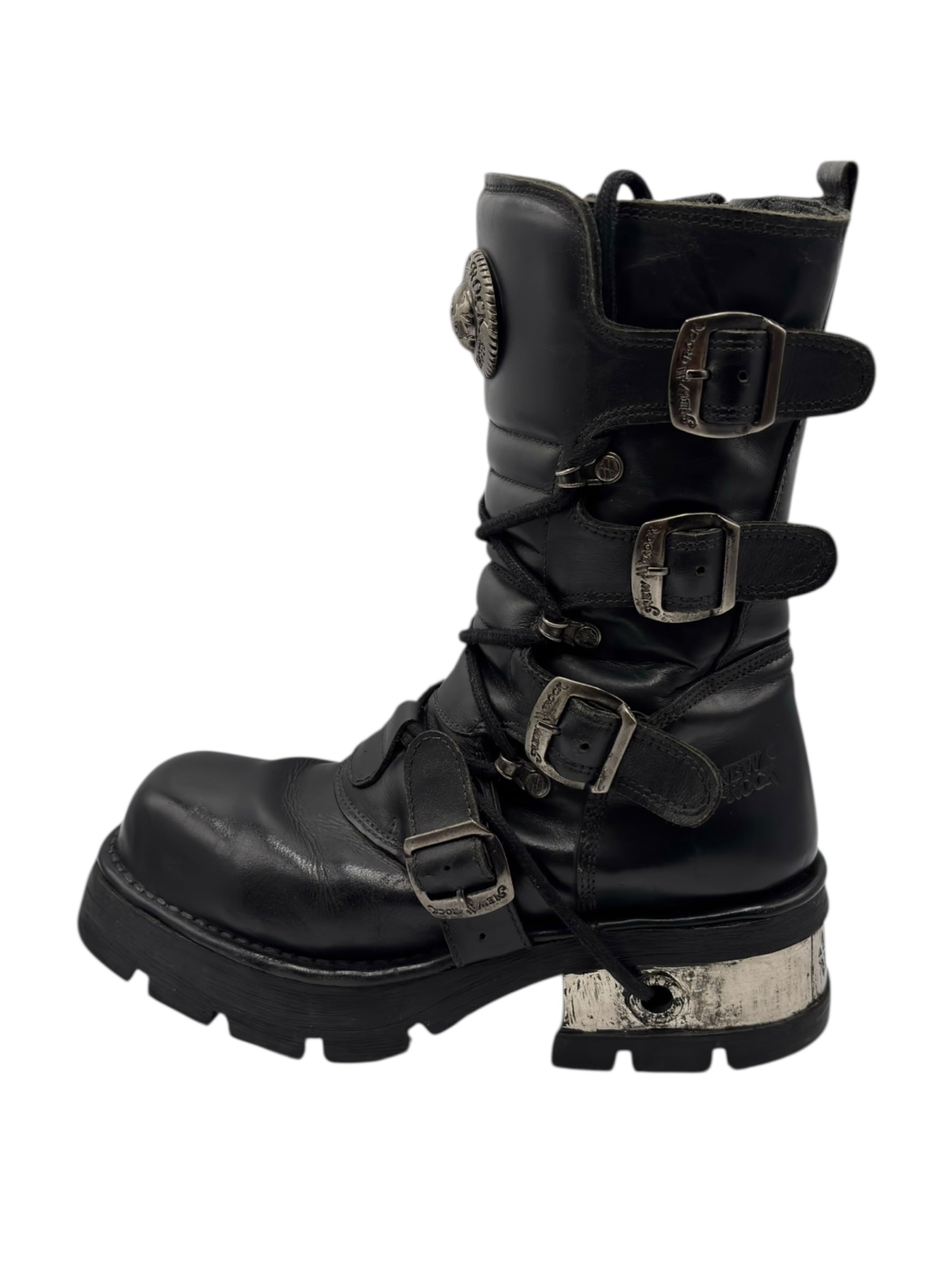 Vintage New Rock buckled raised-heel mid-calf leather boots size 40