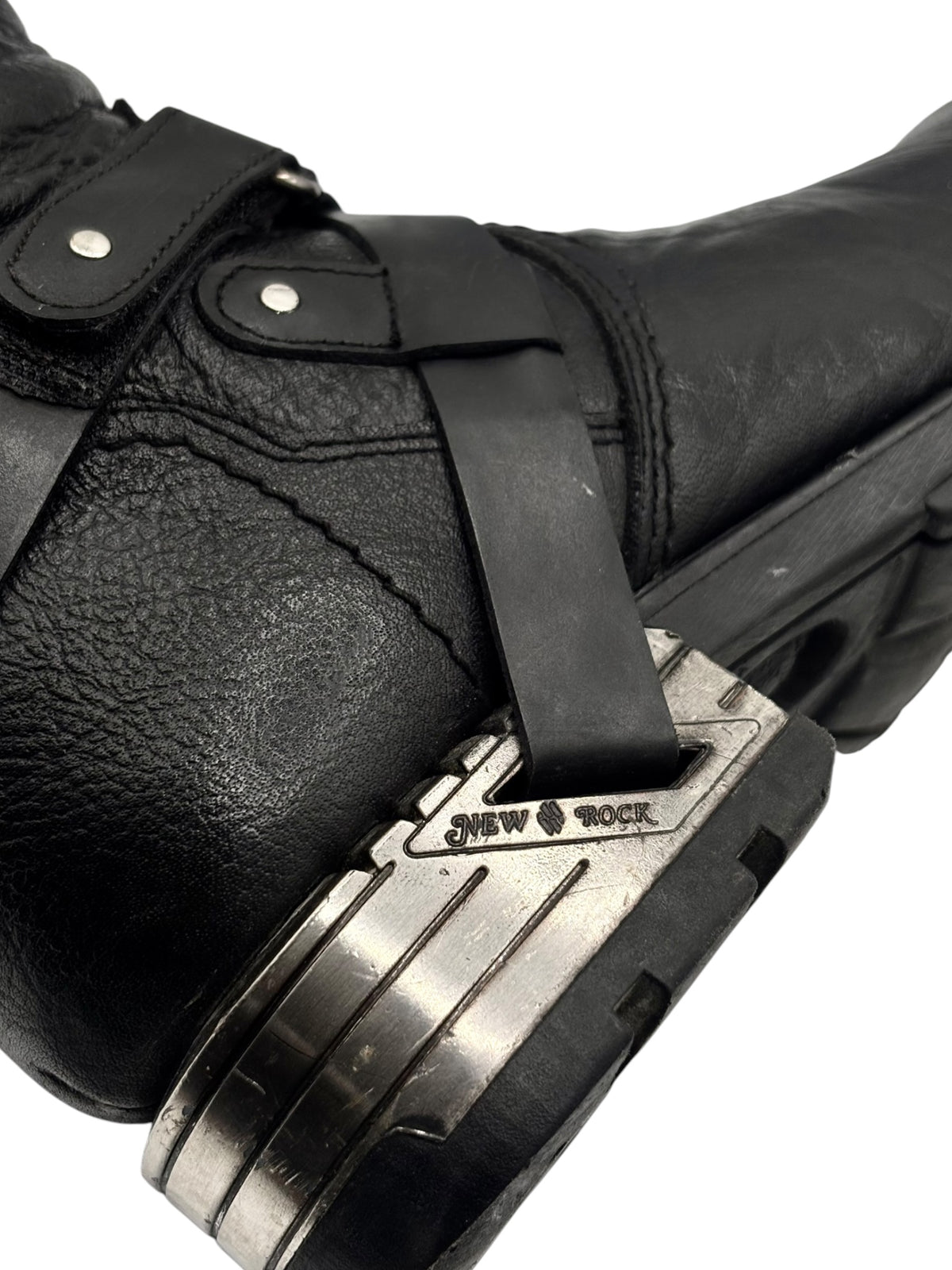 Black leather biker boots with metal toe guard and adjustable strap
