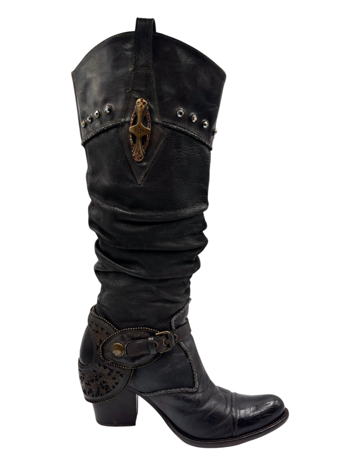 Vintage knee-high leather boots with studded collar and V-shaped medallion front panel