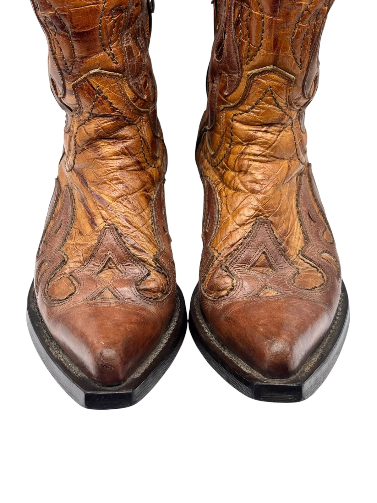 New Rock mid-calf cowboy boots, close-up brown leather with flame stitch pattern