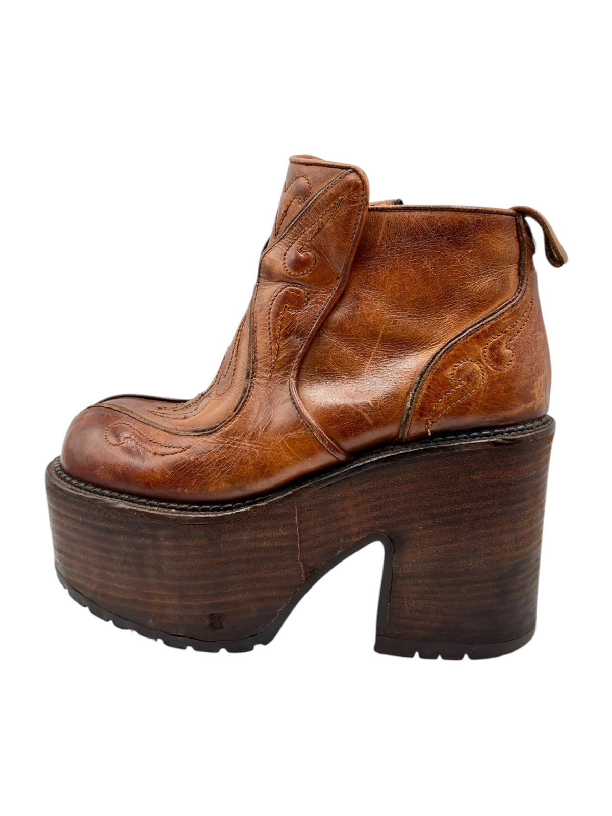 Brown leather platform ankle boots with side zipper, ankle collar, and chunky heel