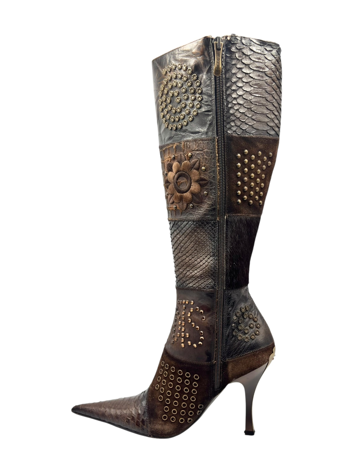 Vintage knee-high leather boots in dark brown and silver tone with floral and stud insets