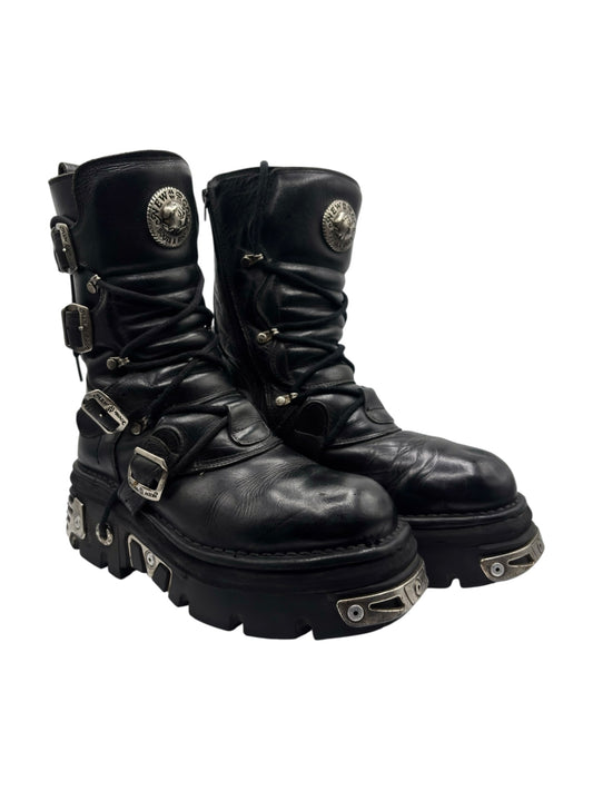 Vintage New Rock mid-calf reactor boots, black with side buckles, straps, and lace-up